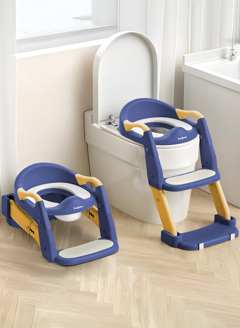 BAYBEE 3 in 1 Wobble Western Toilet Kids Potty Training Seat for Baby with Ladder & 6-Level Height Adjustable | Foldable Baby Potty Seat with Removable Bowl | Kids Toilet Seat | Potty Seat for Kids 1 to 8 years Blue Yellow - Image 1