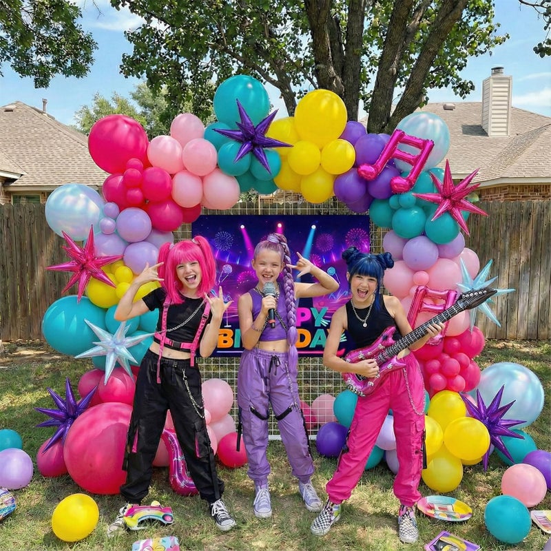 froufing K-Pop Music themed Birthday Decorations & with Pink Purple Teal Yellow Balloon Garland Arch & Guitar Notes Star Disco foil Balloons & Backdrop for Girls fans Birthday Grad Prom Party Decorations - Image 2