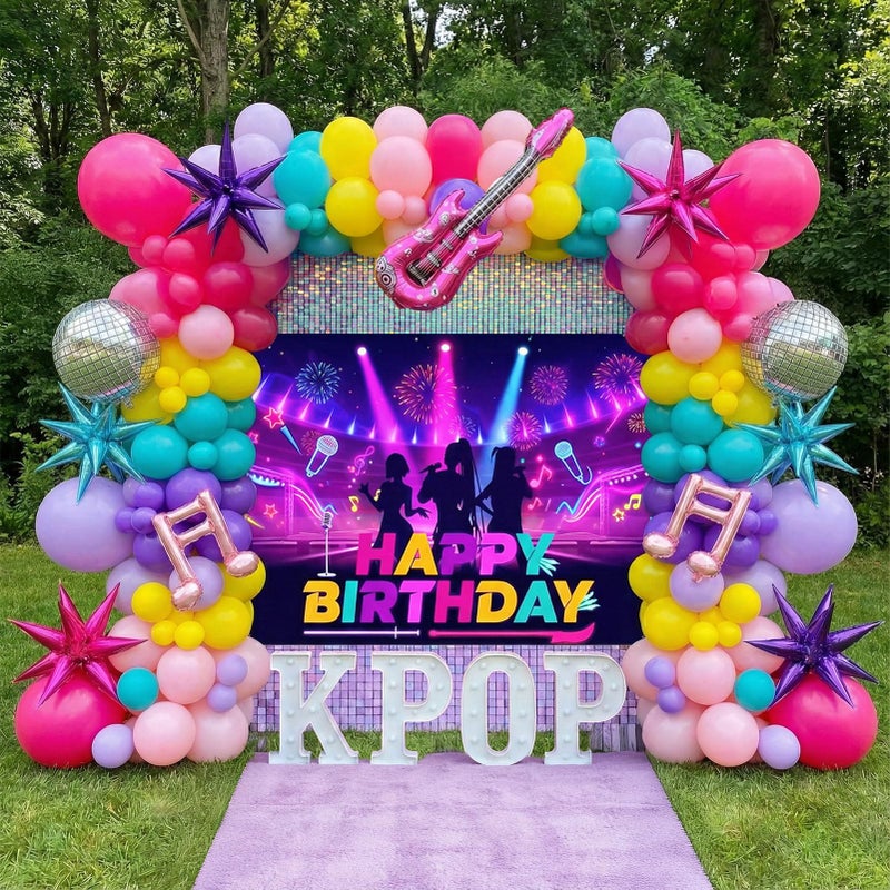 froufing K-Pop Music themed Birthday Decorations & with Pink Purple Teal Yellow Balloon Garland Arch & Guitar Notes Star Disco foil Balloons & Backdrop for Girls fans Birthday Grad Prom Party Decorations - Image 1