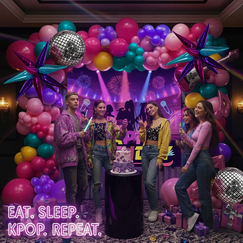 froufing K-Pop Music themed Birthday Decorations & with Pink Purple Teal Yellow Balloon Garland Arch & Guitar Notes Star Disco foil Balloons & Backdrop for Girls fans Birthday Grad Prom Party Decorations - Image 5