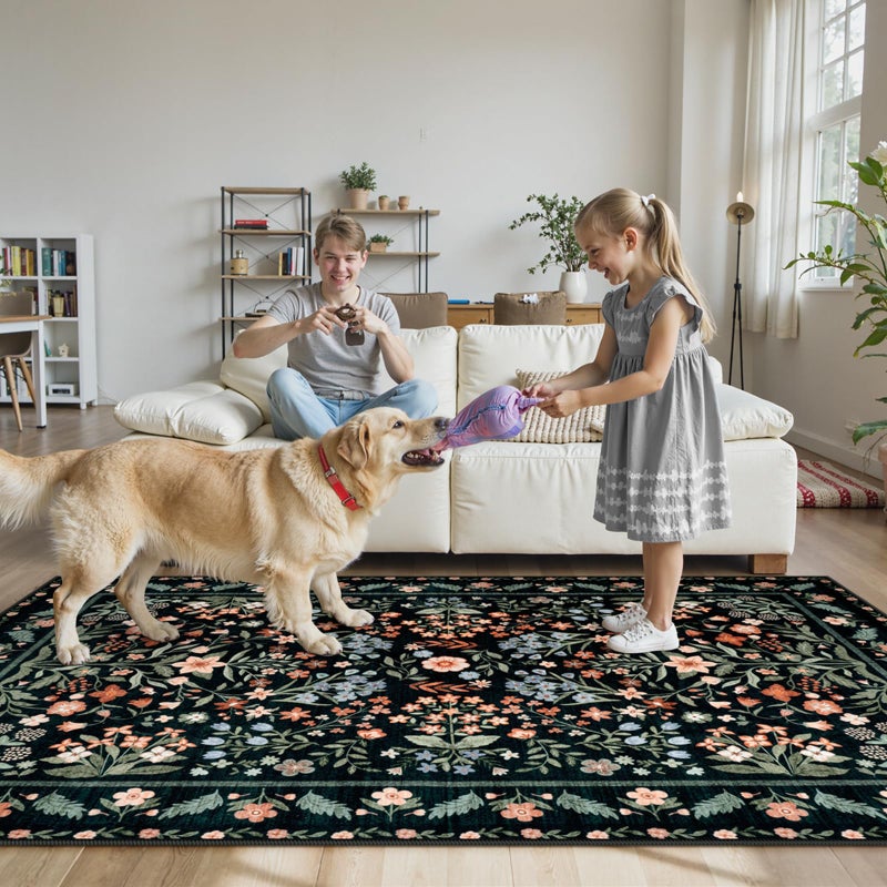 LEEVAN Floral 5x7 Area Rugs for Bedroom, Washable Boho Living Room Rug Non Slip, Vintage Soft Stain Resistant Dining Room Mat, Ultra Thin Floor Carpet for Office(Black) - Image 3