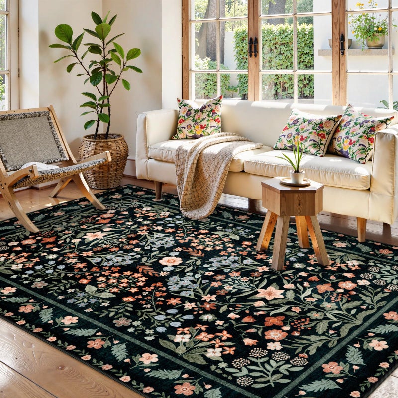 LEEVAN Floral 5x7 Area Rugs for Bedroom, Washable Boho Living Room Rug Non Slip, Vintage Soft Stain Resistant Dining Room Mat, Ultra Thin Floor Carpet for Office(Black) - Image 1