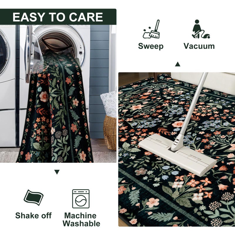 LEEVAN Floral 5x7 Area Rugs for Bedroom, Washable Boho Living Room Rug Non Slip, Vintage Soft Stain Resistant Dining Room Mat, Ultra Thin Floor Carpet for Office(Black) - Image 5