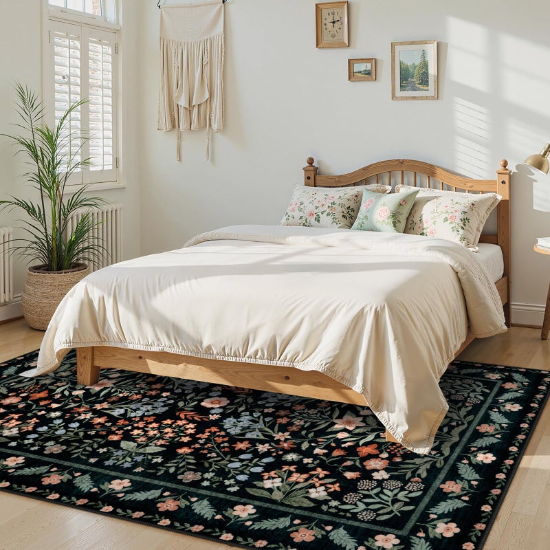 LEEVAN Floral 5x7 Area Rugs for Bedroom, Washable Boho Living Room Rug Non Slip, Vintage Soft Stain Resistant Dining Room Mat, Ultra Thin Floor Carpet for Office(Black) - Image 2