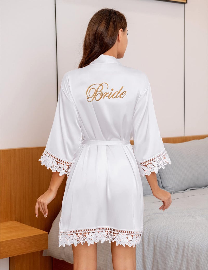 Kihnop Women's Lace Trim Bride Robes for Wedding Robes for Brides Robes White Bride to Be Robes Getting Ready, White - Image 3