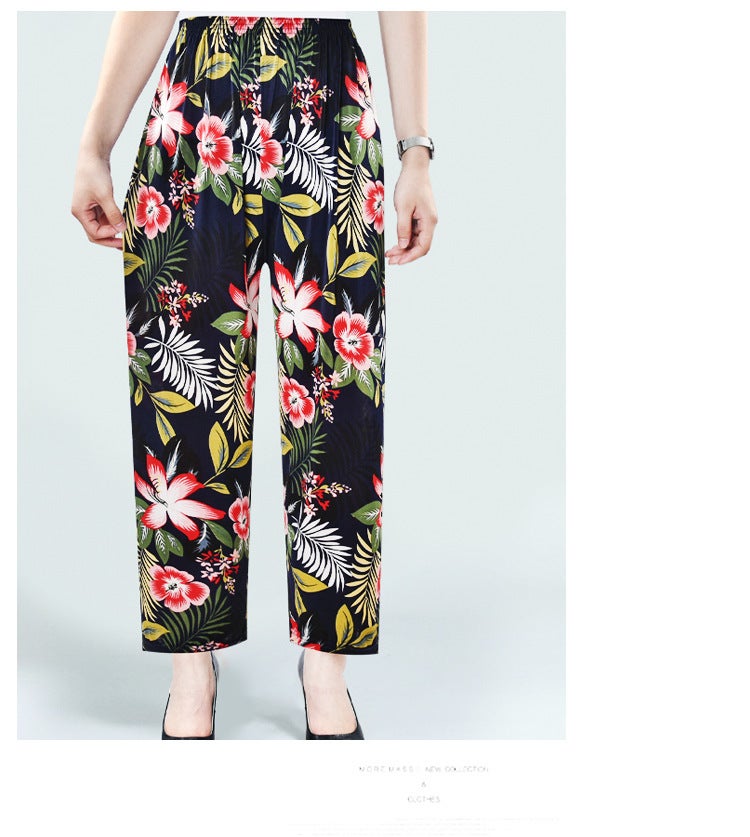 Summer Womens Ice Silk Pants Middle-aged and Elderly Loose Casual Home Pants Elacto Plus Fat Mother Pants Square Sports No.13 Cropped Straight Pants 