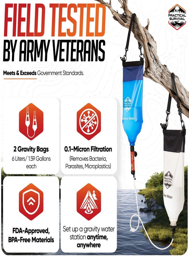 Practical Survival Gravity Water Filtration System - 2 High Capacity Lightweight Hanging Bags for Backpacking, Camping, Survival, Hiking, Hunting - Dirty, Clean Water Bags and Water Filter Included - Image 2
