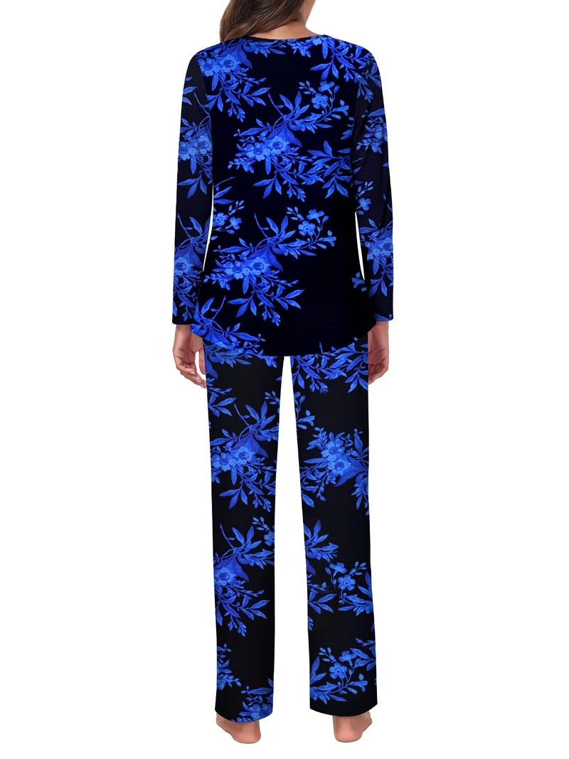 Tencede Women Pajama Set 2026 Lounge Sets Long Sleeve Sleepwear Soft 2 Piece Pjs Black Blue Leaves Large - Image 4