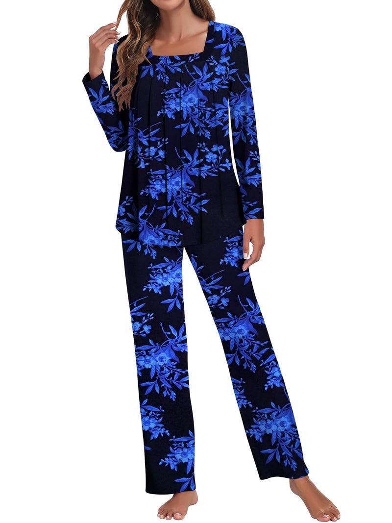 Tencede Women Pajama Set 2026 Lounge Sets Long Sleeve Sleepwear Soft 2 Piece Pjs Black Blue Leaves Large - Image 3