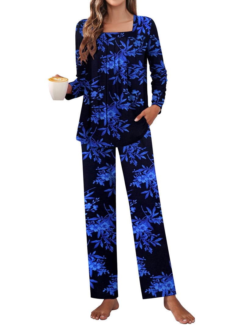 Tencede Women Pajama Set 2026 Lounge Sets Long Sleeve Sleepwear Soft 2 Piece Pjs Black Blue Leaves Large - Image 1