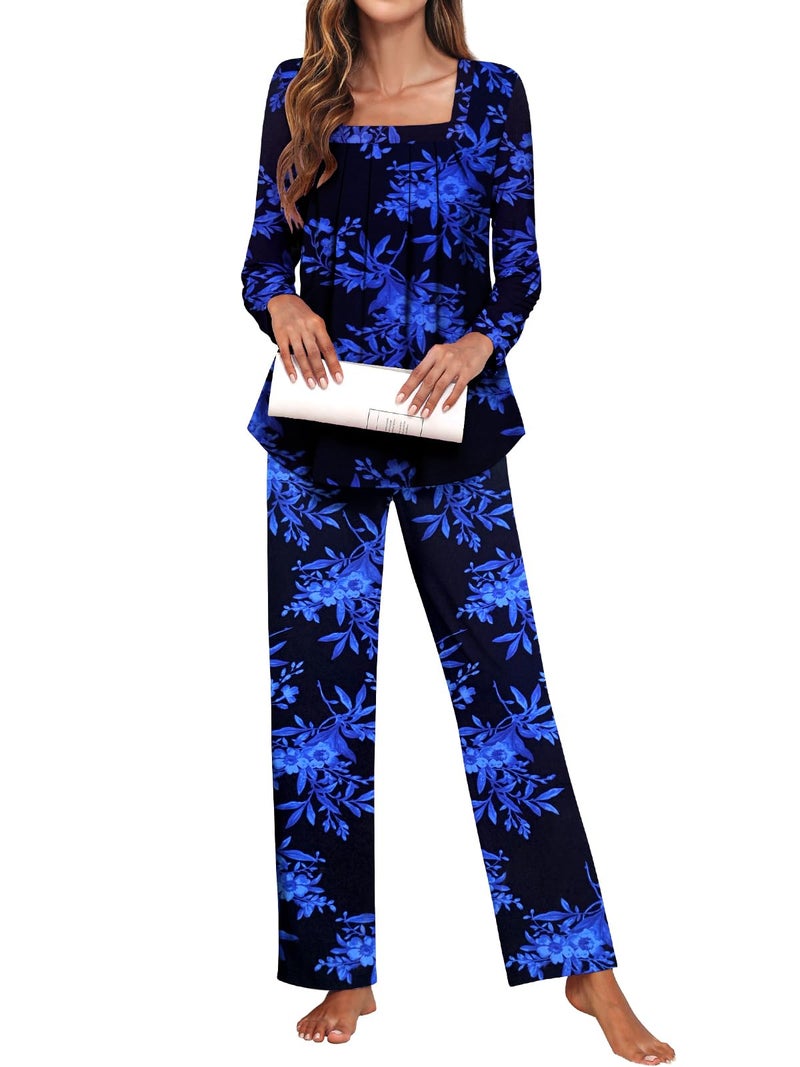 Tencede Women Pajama Set 2026 Lounge Sets Long Sleeve Sleepwear Soft 2 Piece Pjs Black Blue Leaves Large - Image 2