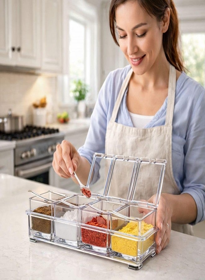 Dimitra Acrylic Home Kitchen 4 Grid Acrylic Seasoning Mukhwas Rasoi Dry Fruit Easy Flow Spice Box Kit With Spoon-Kitchen Masala Storage Box Container Seasoning Organizers Jars (Transparent) - Image 2
