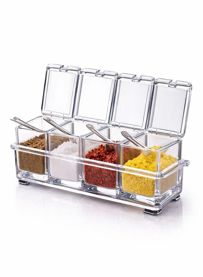 Dimitra Acrylic Home Kitchen 4 Grid Acrylic Seasoning Mukhwas Rasoi Dry Fruit Easy Flow Spice Box Kit With Spoon-Kitchen Masala Storage Box Container Seasoning Organizers Jars (Transparent) - Image 1