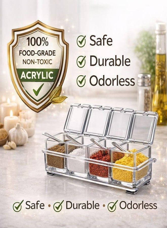 Dimitra Acrylic Home Kitchen 4 Grid Acrylic Seasoning Mukhwas Rasoi Dry Fruit Easy Flow Spice Box Kit With Spoon-Kitchen Masala Storage Box Container Seasoning Organizers Jars (Transparent) - Image 5