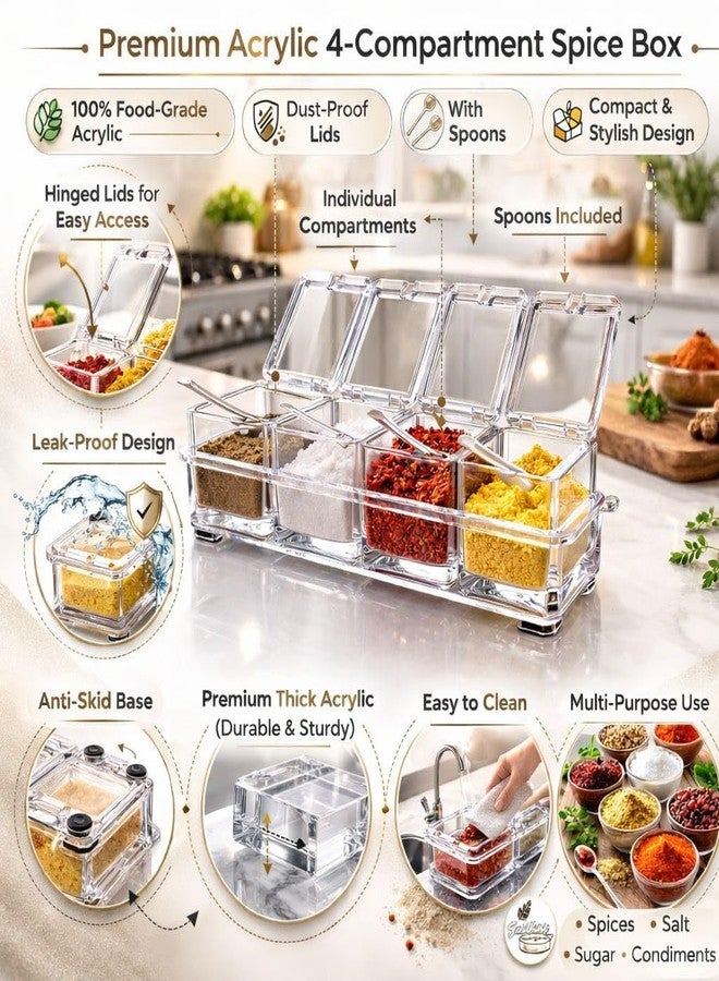 Dimitra Acrylic Home Kitchen 4 Grid Acrylic Seasoning Mukhwas Rasoi Dry Fruit Easy Flow Spice Box Kit With Spoon-Kitchen Masala Storage Box Container Seasoning Organizers Jars (Transparent) - Image 3