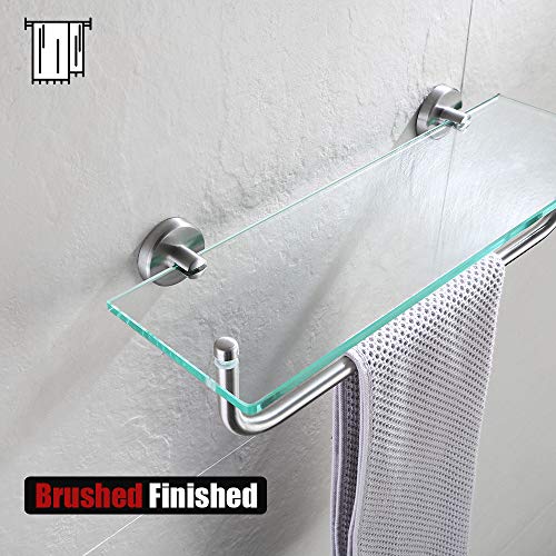 JQK Bathroom Glass Shelf, Shelf with 15 Inch Towel Bar Tempered Glass Shower Storage 16 by 5 inches, 304 Stainless Steel Brushed Finish Wall Mount, TGS100-BN - Image 4