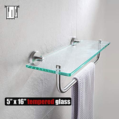 JQK Bathroom Glass Shelf, Shelf with 15 Inch Towel Bar Tempered Glass Shower Storage 16 by 5 inches, 304 Stainless Steel Brushed Finish Wall Mount, TGS100-BN - Image 5