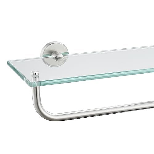 JQK Bathroom Glass Shelf, Shelf with 15 Inch Towel Bar Tempered Glass Shower Storage 16 by 5 inches, 304 Stainless Steel Brushed Finish Wall Mount, TGS100-BN - Image 1