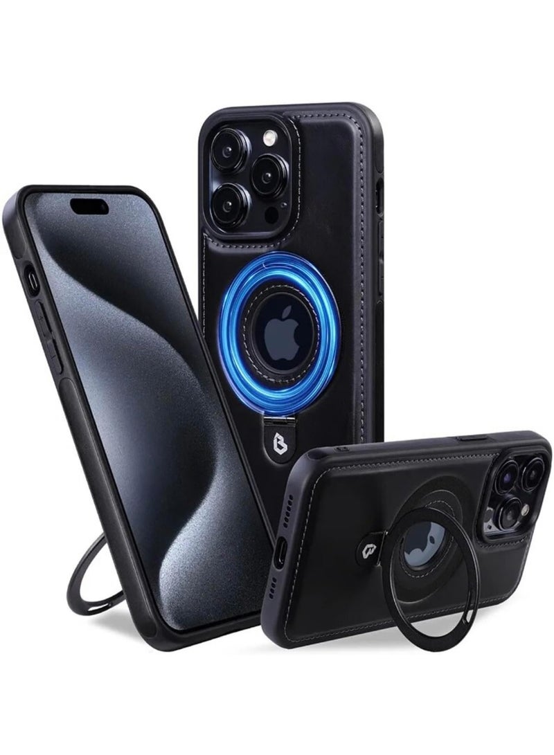 Aookay For iPhone 16 Pro Max Standing Magsafe Case ,Premium Real Leather, Luxury, Elegant, Design Case Protective Shield Non-Slip Grip Vintage, Stitching Leather for Men & Women (Black) - Image 1