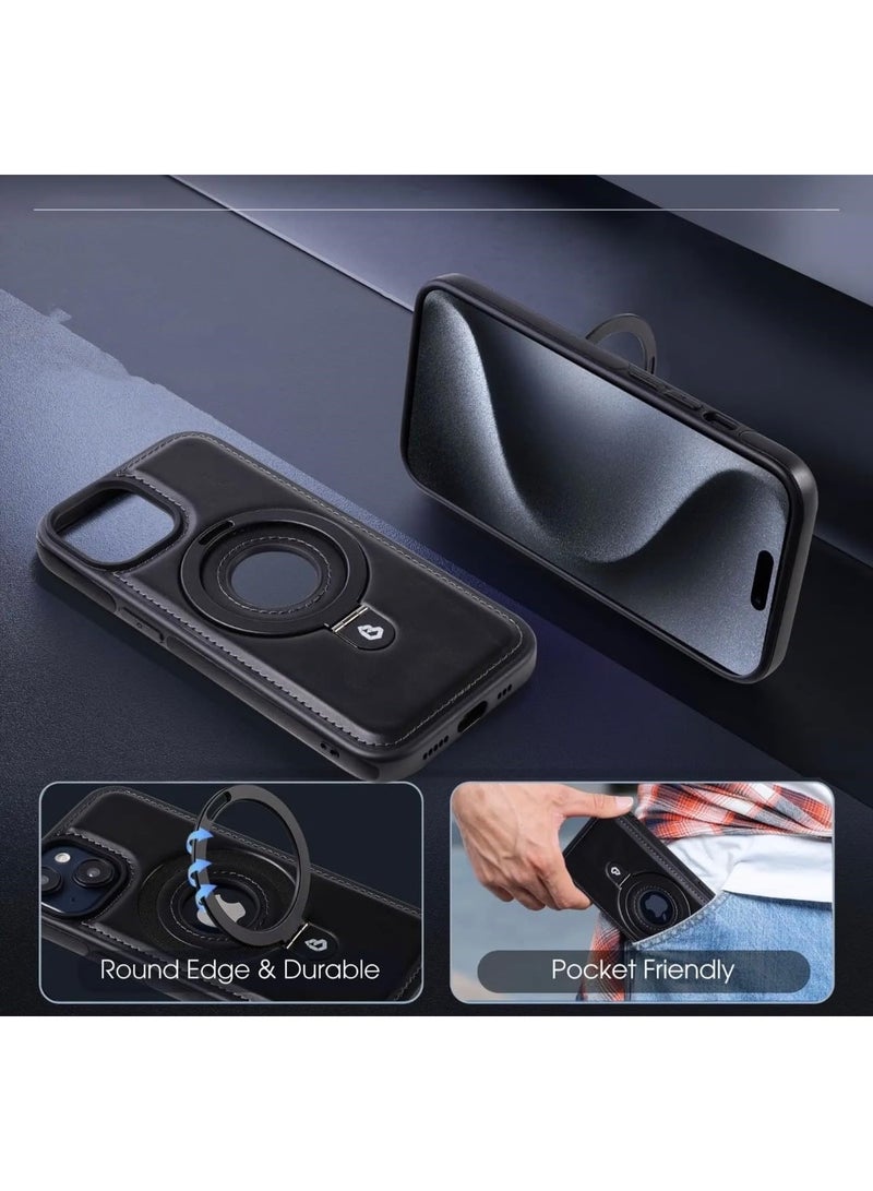 Aookay For iPhone 16 Pro Max Standing Magsafe Case ,Premium Real Leather, Luxury, Elegant, Design Case Protective Shield Non-Slip Grip Vintage, Stitching Leather for Men & Women (Black) - Image 3