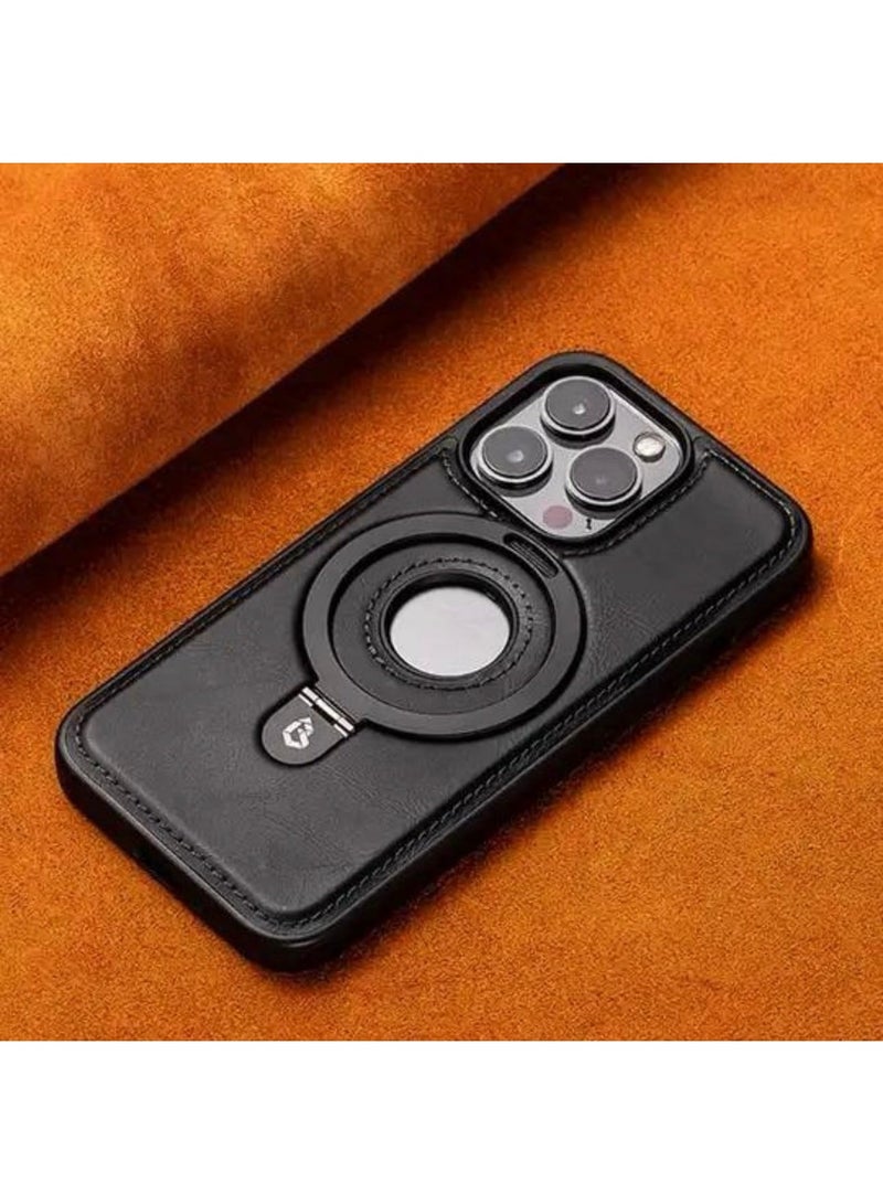 Aookay For iPhone 16 Pro Max Standing Magsafe Case ,Premium Real Leather, Luxury, Elegant, Design Case Protective Shield Non-Slip Grip Vintage, Stitching Leather for Men & Women (Black) - Image 2