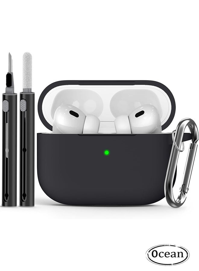 جي أس غطاء كيس واقي من السيليكون الناعم لـ AirPods Pro 2 / Pro مع مجموعة نظيفة وسلسلة مفاتيح (أسود) - Image 1