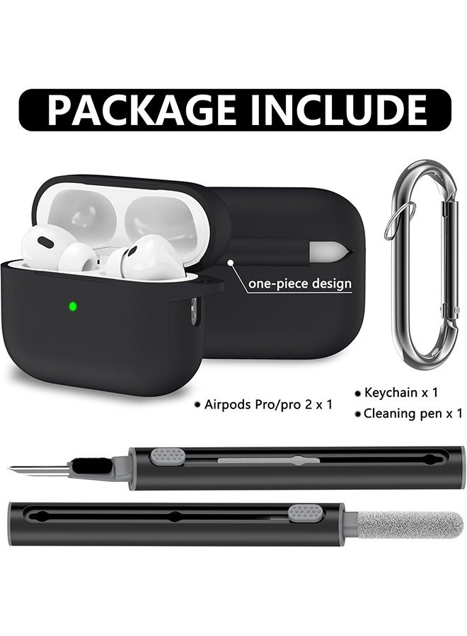 جي أس غطاء كيس واقي من السيليكون الناعم لـ AirPods Pro 2 / Pro مع مجموعة نظيفة وسلسلة مفاتيح (أسود) - Image 2