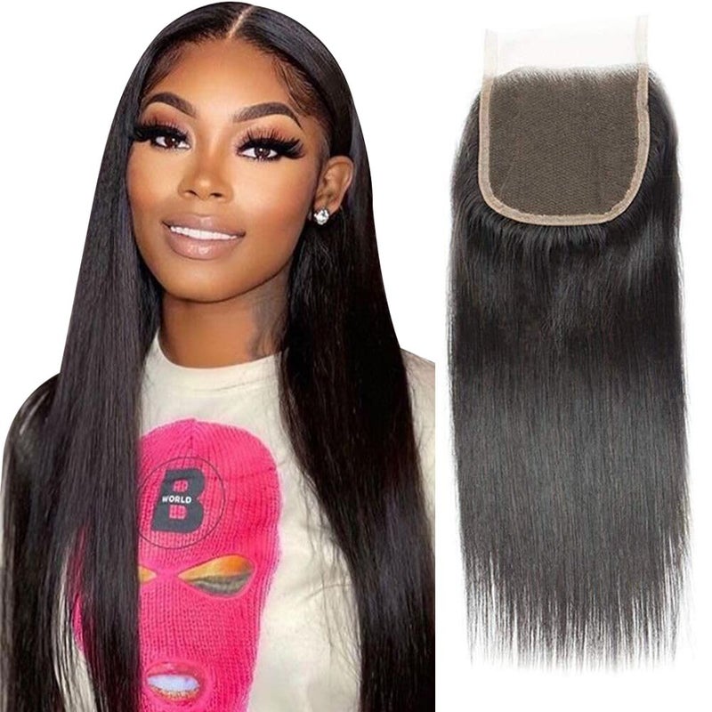 QTHAIR QTHAIR Virgin Straight Hd Lace Closure 20inch 16A 4x4 Straight Closure Free Part 150 Density Swiss Lace Natural Color Human Hair Closure Pre Plucked with Baby Hair 