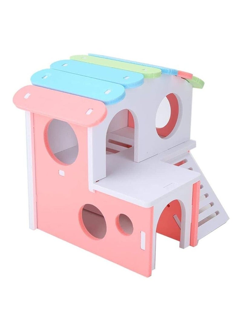 SYOSI SYOSI Wooden Hamster House, Hamster Hideout House with Stair Exercise Toys, Small Animal Pet Play House, Dual-layer Hamster Villa with Hamster Ladder (Pink)  - Image 1