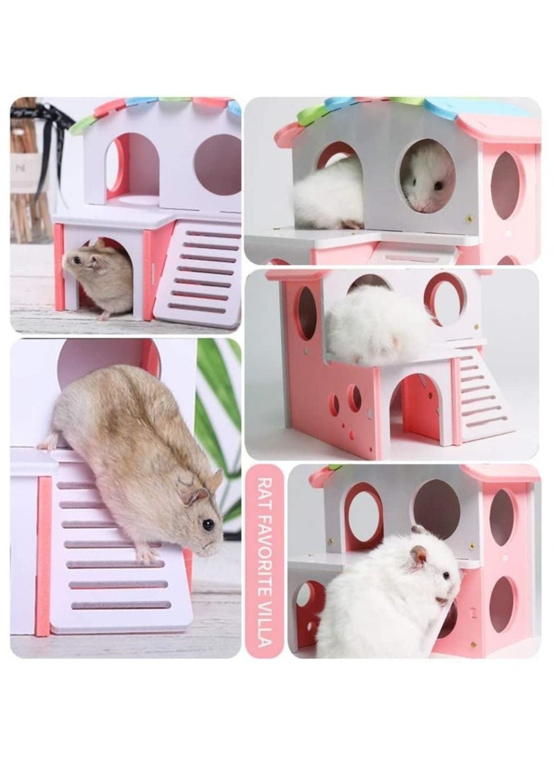 SYOSI SYOSI Wooden Hamster House, Hamster Hideout House with Stair Exercise Toys, Small Animal Pet Play House, Dual-layer Hamster Villa with Hamster Ladder (Pink)  - Image 3