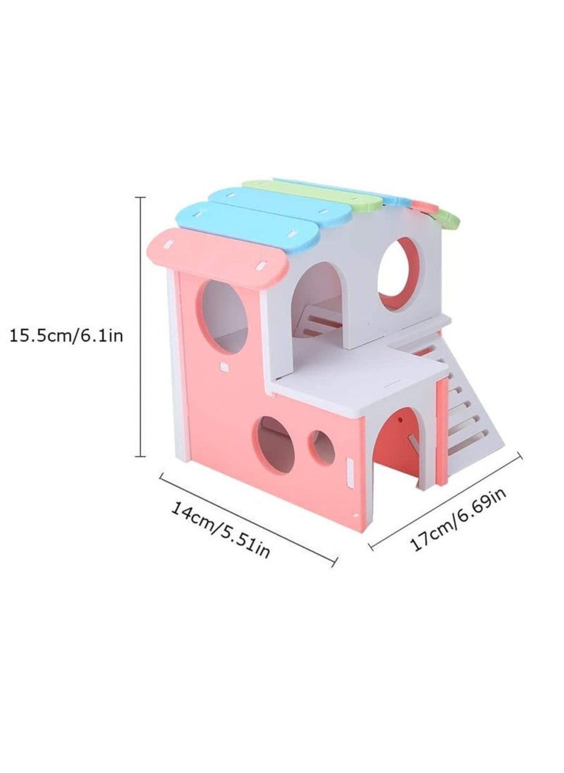 SYOSI SYOSI Wooden Hamster House, Hamster Hideout House with Stair Exercise Toys, Small Animal Pet Play House, Dual-layer Hamster Villa with Hamster Ladder (Pink)  - Image 5