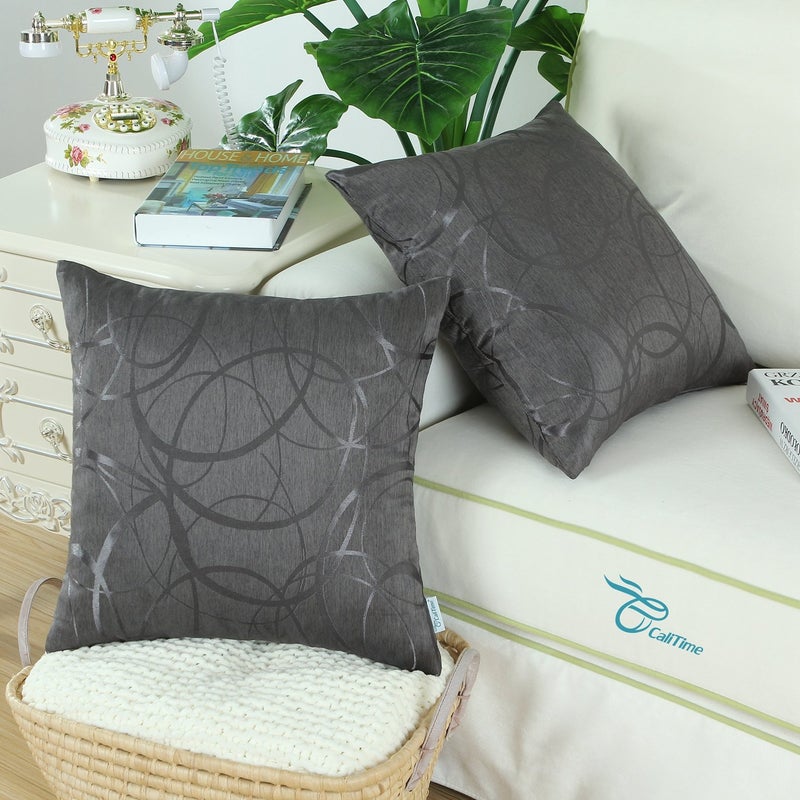 CaliTime CaliTime Cushion Covers Cushion Cover Pack of 2 Bowls for Couch Sofa Home Decoration Modern Shiny and Matt Contrast Circles Rings Geometric 45 cm x 45 cm Grey  - Image 4