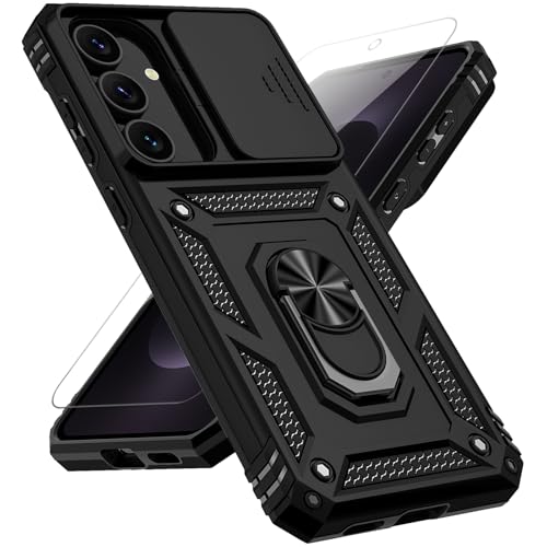 PUSHIMEI for Samsung Galaxy S25 FE Case, with Slide Camera Cover HD Screen Protector [Military Grade 16ft. Drop Tested] Magnetic Ring Holder Kickstand Protective Phone Case for Galaxy S25 FE 5G 2025, Black - Image 1
