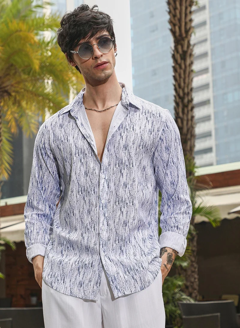 Campus Sutra Campus Sutra Men's Navy Blue & Cream White Contrast Grazed Shirt For Casual Wear | Spread Collar | Long Sleeve | Button Closure | Shirt Crafted With Comfort Fit For Everyday Wear