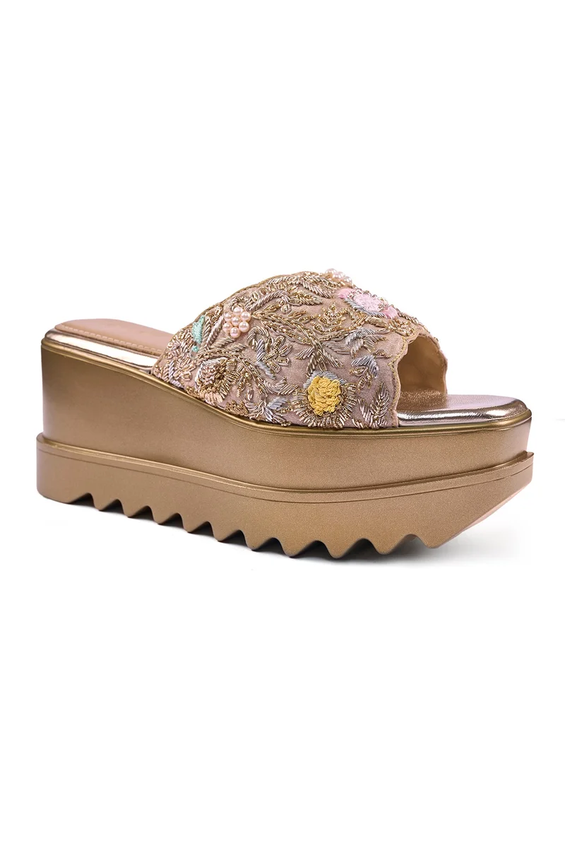 Anaar Bollynight Wedge Sandals – Handcrafted Satin Wedding & Festive Footwear with Zardozi & Resham Embroidery