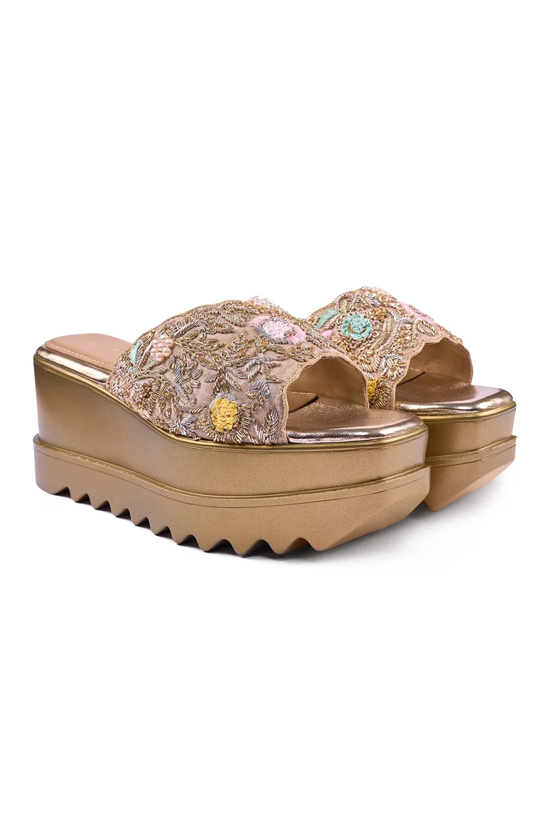Anaar Anaar Bollynight Wedge Sandals – Handcrafted Satin Wedding & Festive Footwear with Zardozi & Resham Embroidery