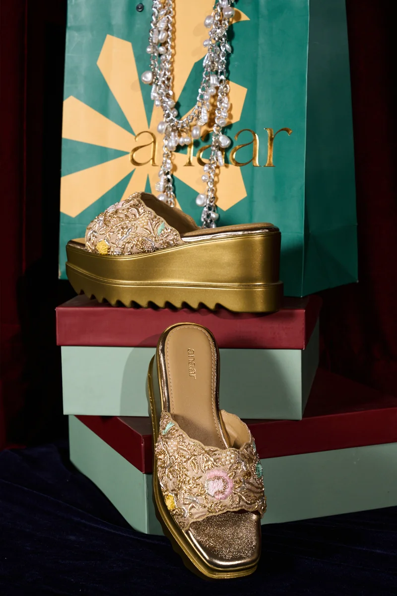 Anaar Anaar Bollynight Wedge Sandals – Handcrafted Satin Wedding & Festive Footwear with Zardozi & Resham Embroidery