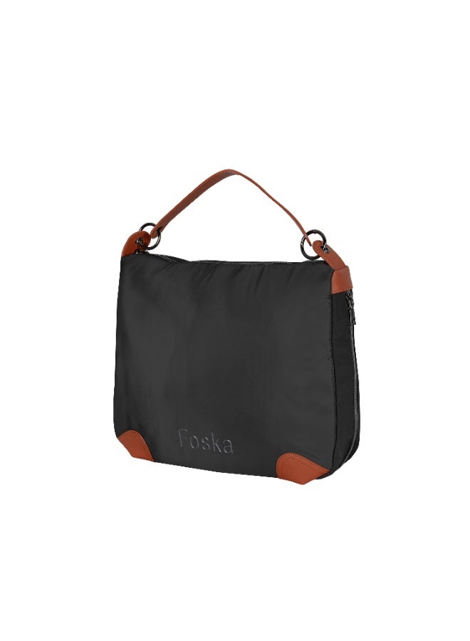 فوسكا شنطة Foska يد كبيرة (توت) قماش و جلد – تصميم واسع للعمل والسفر لون أسود وبني – مقاس 39x30 سم - Image 2