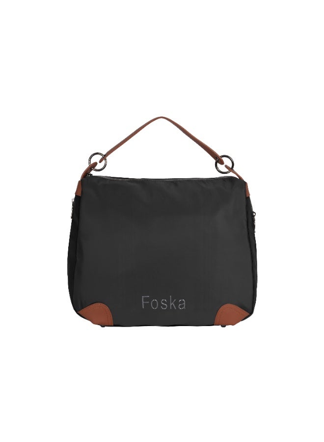 فوسكا شنطة Foska يد كبيرة (توت) قماش و جلد – تصميم واسع للعمل والسفر لون أسود وبني – مقاس 39x30 سم - Image 1