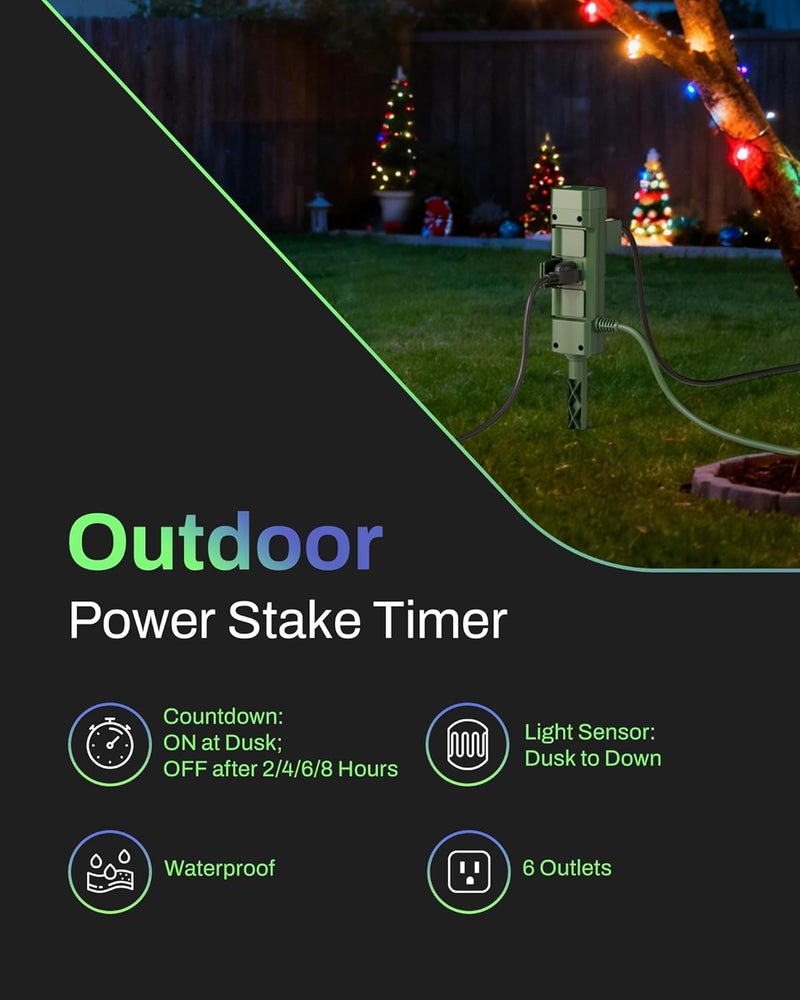 BN-LINK Outdoor Power Stake Timer, Dusk to Dawn Sensor for Outdoor Lights, 6 Grounded Outlets, 6ft Extension Cord, 1875W/15A,Christmas Decorations, ETL Listed - Image 2