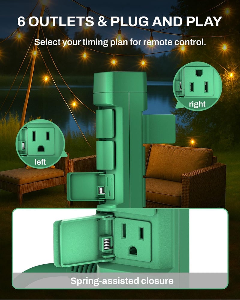 BN-LINK Outdoor Power Stake Timer, Dusk to Dawn Sensor for Outdoor Lights, 6 Grounded Outlets, 6ft Extension Cord, 1875W/15A,Christmas Decorations, ETL Listed - Image 5