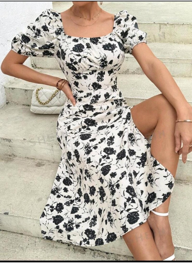 Shein SHEIN Frenchy Women's Mid-Length Off-Shoulder Short Sleeve Floral Printed Dress With High Slit  - Image 2