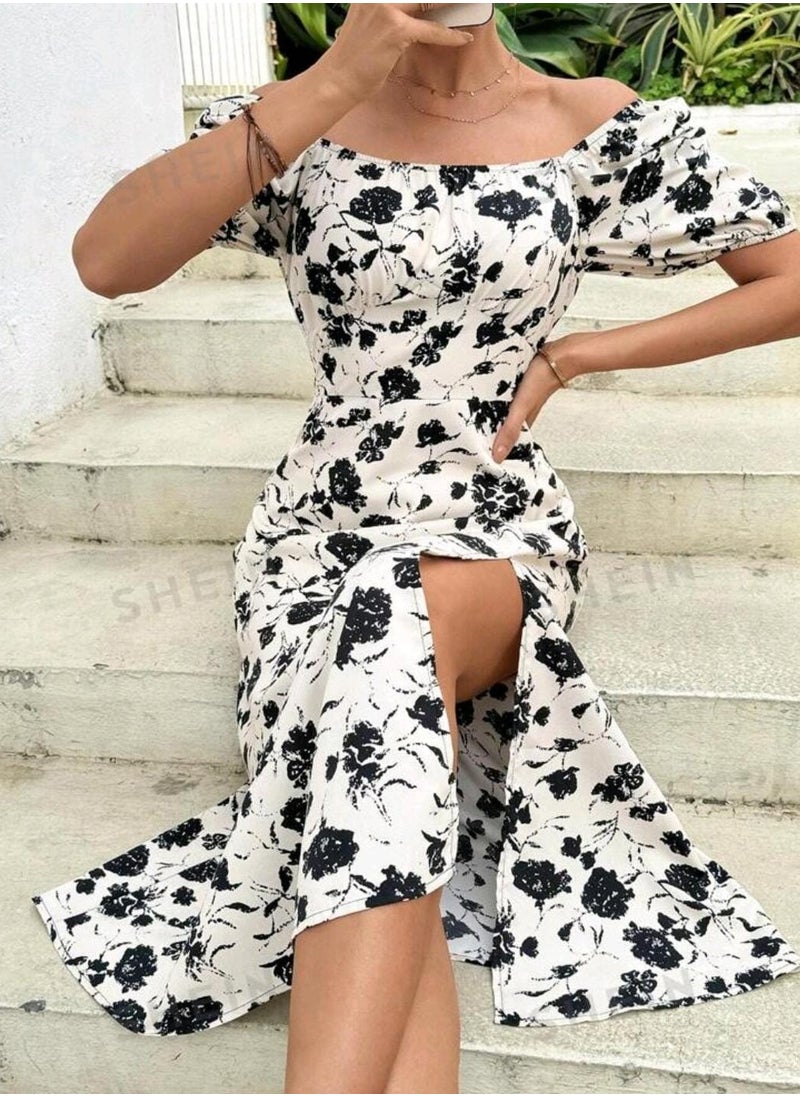 Shein SHEIN Frenchy Women's Mid-Length Off-Shoulder Short Sleeve Floral Printed Dress With High Slit  - Image 4