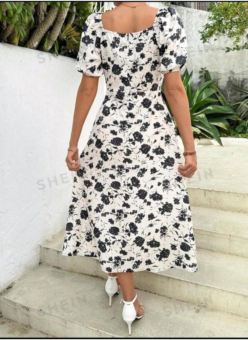 Shein SHEIN Frenchy Women's Mid-Length Off-Shoulder Short Sleeve Floral Printed Dress With High Slit  - Image 5