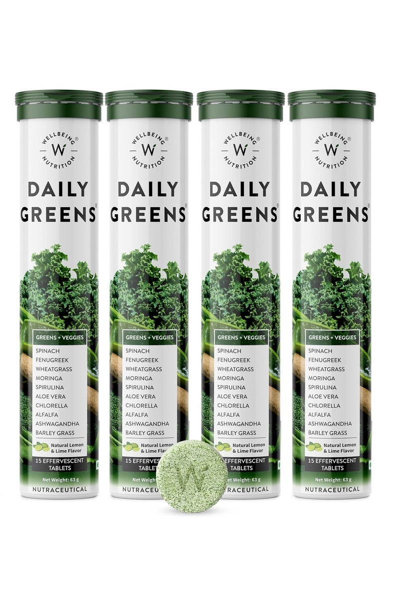 WELLBEING NUTRITION Daily Greens | Wholefood Multivitamins with Vitamin C, Zinc, B6 for Immunity & Detox with Organic Certified Plant Superfoods & Antioxidants (15 Effervescent Tablets) Pack of 4