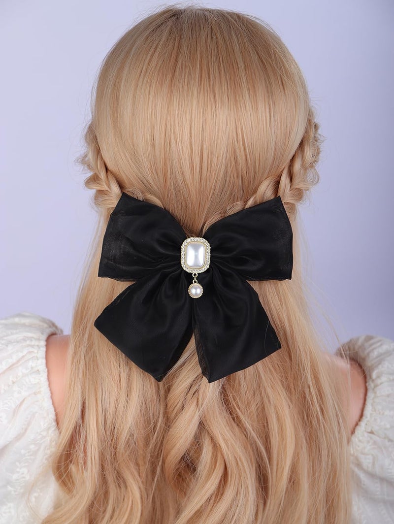Jumwrit Big Black Hair Bow Clip for Women Girls Large Hair Barrette Long Chiffon Bow Hair Ribbon Ponytail Holder Vintage Halloween Rhinestone Pearl Bowknot Hair Clip Accessories Birthday Gifts Black
