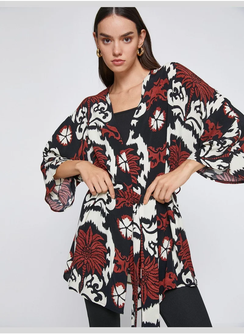 كوتون Patterned Waistbanded Kimono