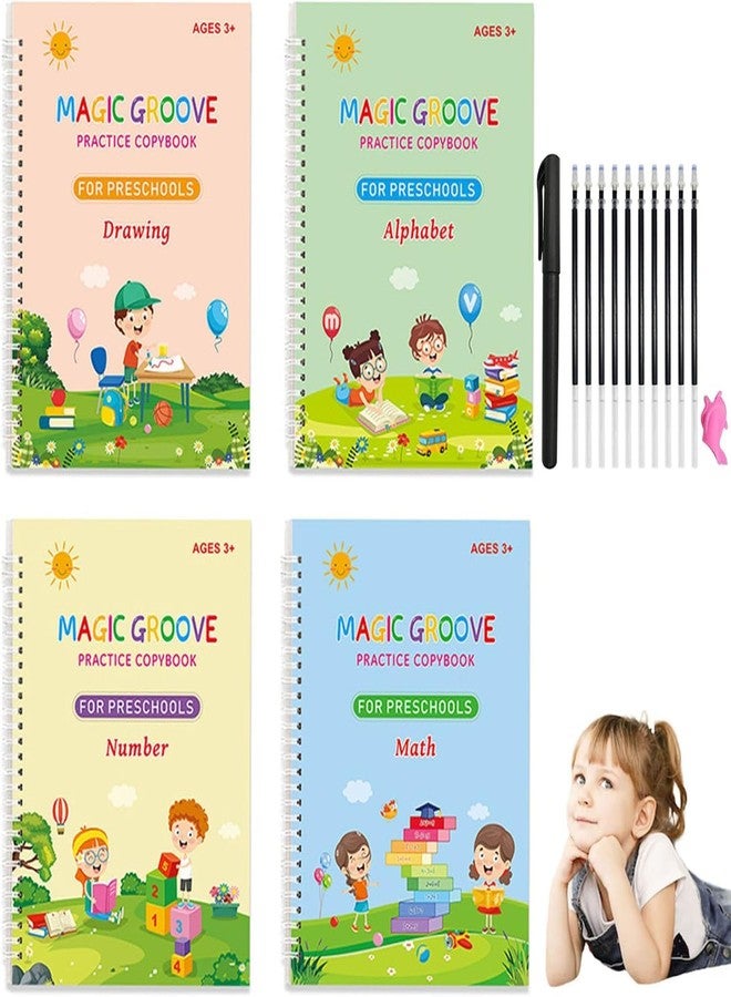 ECLET كتاب إيكليت السحري للأطفال، دفتر تدريب سحري، (4 كتب + 10 عبوات إعادة تعبئة + قلم + مقبض) كتاب تتبع الأرقام للأطفال في مرحلة ما قبل المدرسة مع قلم، مجموعة دفتر نسخ الخط السحري، أداة كتابة للأطفال (E) - Image 1