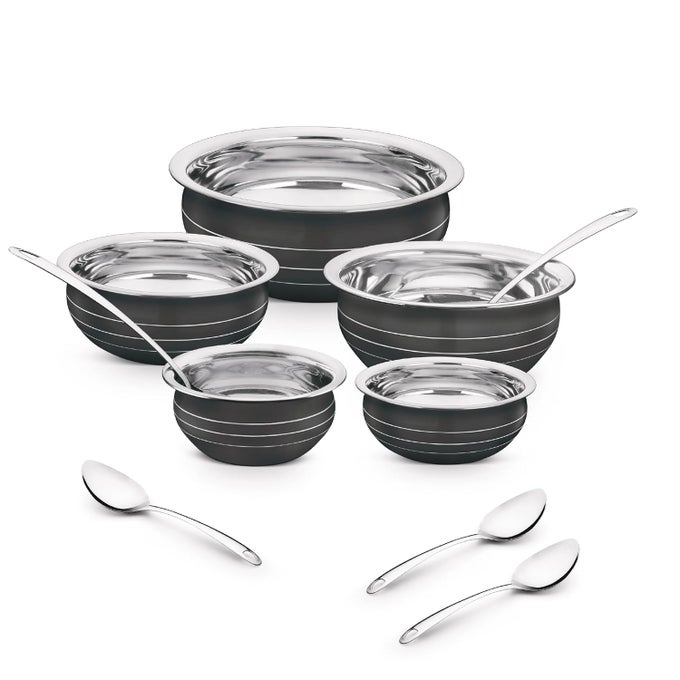 PATILA SET WITH SERVING SPOON | BIRYANI COOK & SERVE | KITCHEN COOKWARE SET | INDUCTION COOKWARE SET STAINLESS STEEL (300ML, 550ML, 750ML, 1100, 1500ML (BLACK)