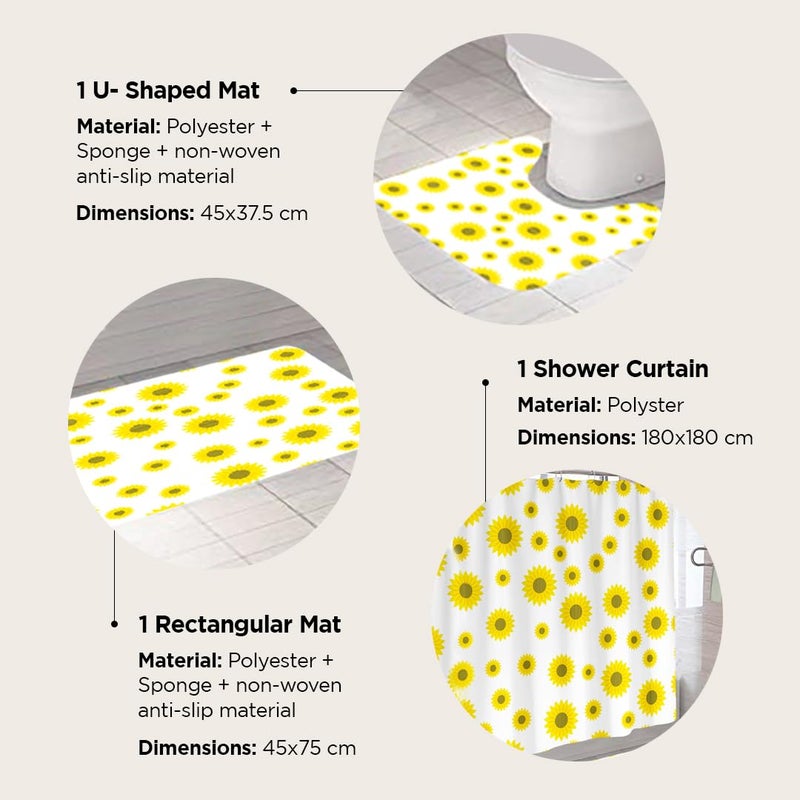 Umai UMAI Shower Curtain (180X180 cm) & Bathmat 3 Pcs Set|6ft|Creative Vibrant Coloured Polyster Curtain Sets with Non-Slip Bath mats for Bathroom|Easy-Slide Curtains|Quick Dry,Soft Mats  - Image 3